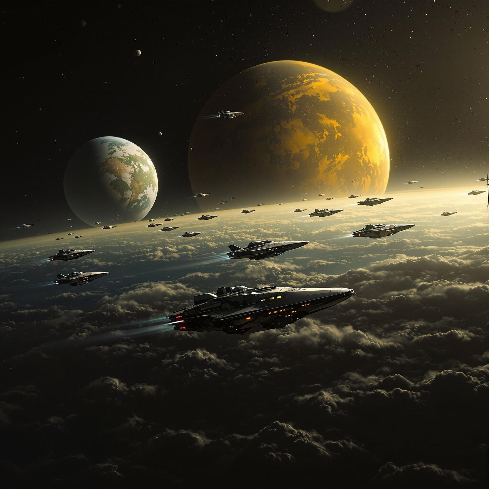 Sleek Starships Fly Through Cosmic Vistas in Syd Mead-Inspir...