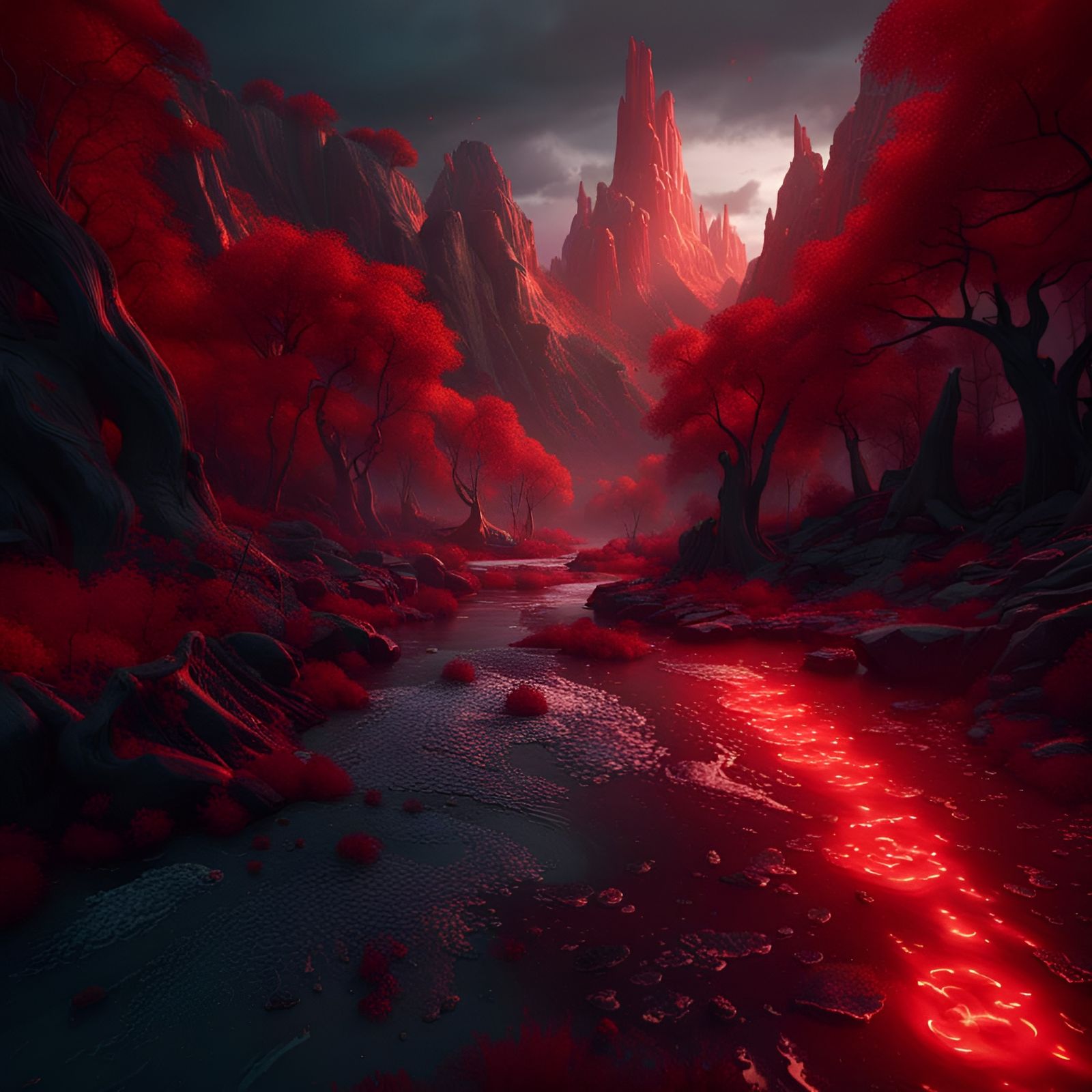Eerie Red Rivers: Detailed Matte Painting in Unreal Engine