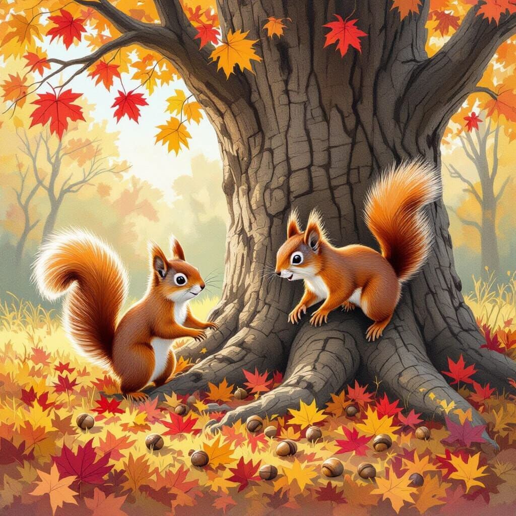 Red Squirrels Spiral Chase Autumn Gouache Illustration