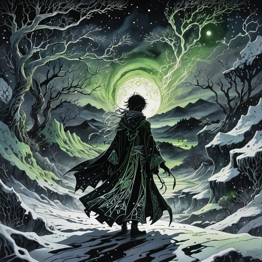 Dark Fantasy Anime Magic in Snowy Landscape