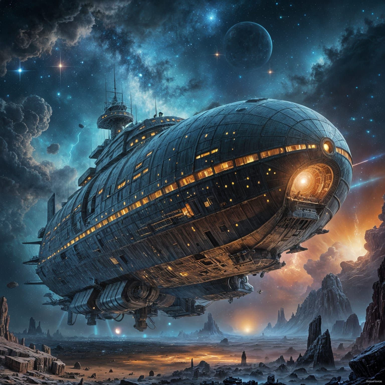 Colossal Starship Adorned with Runes in Cosmic Nebula