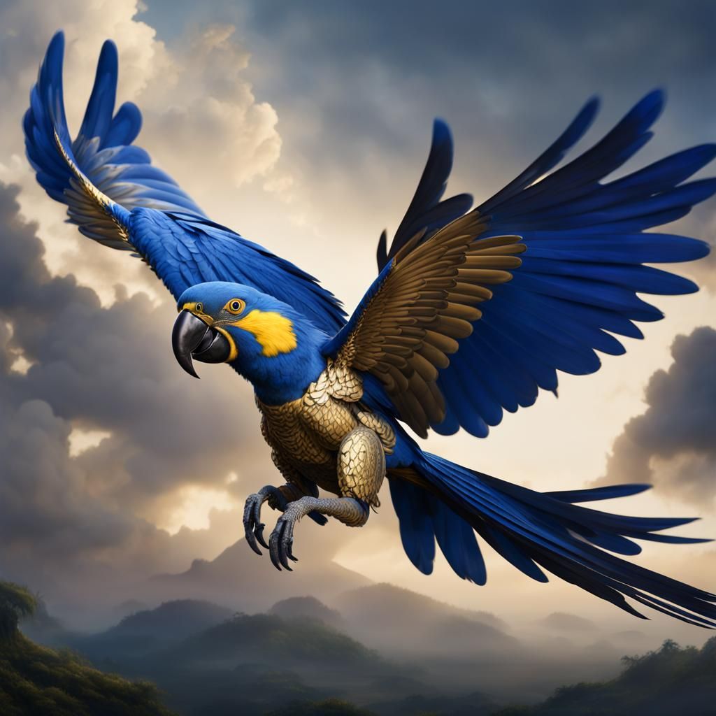 Armored Hyacinth Macaw in Flight: Digital Painting