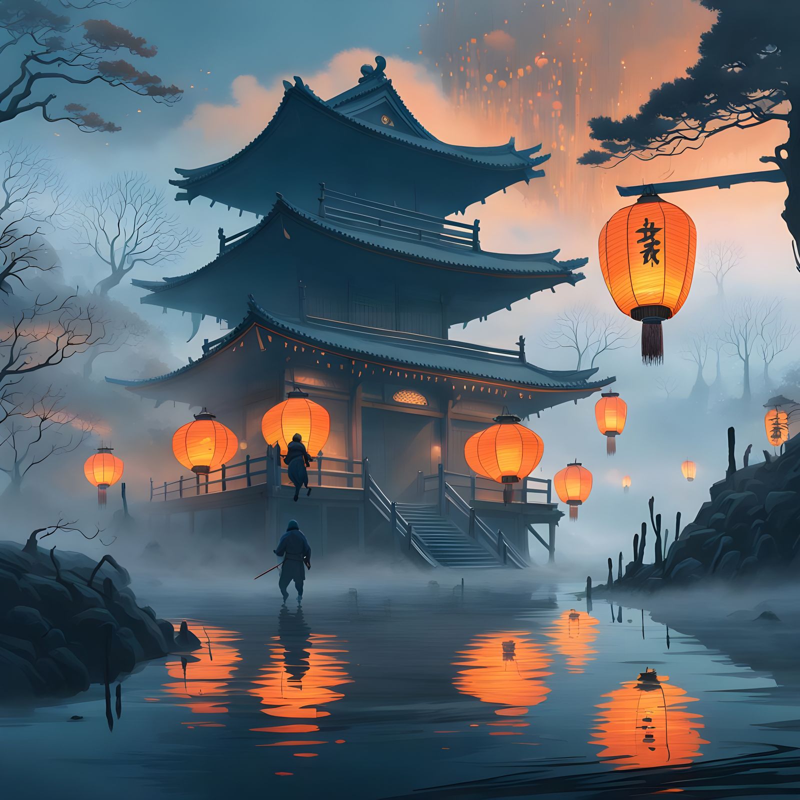 Ninja in Fog: Japanese Folklore Illustration