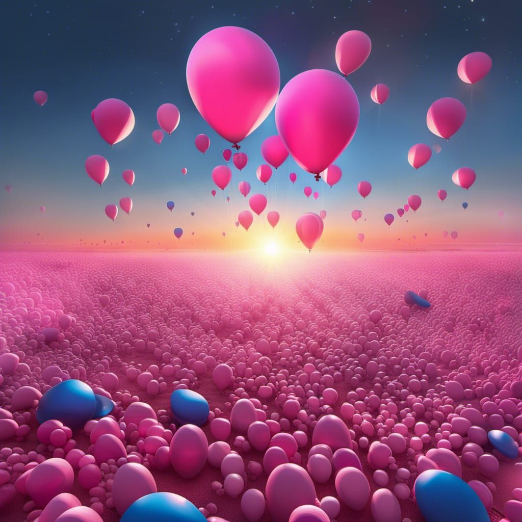 Pink and Blue Balloons Floating Above a Planet