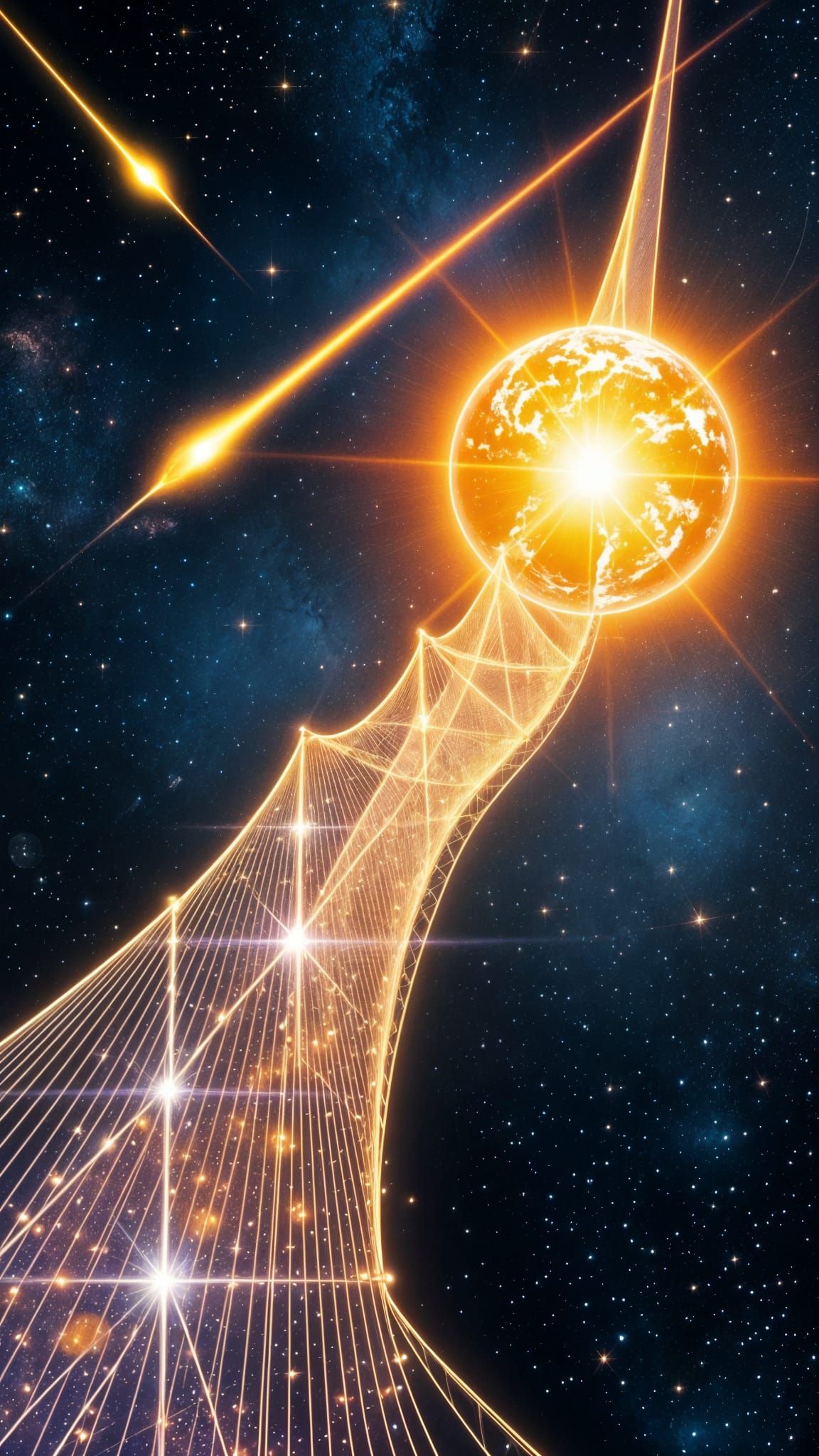 Golden Cosmic Bridge Connecting Planets in Celestial Art