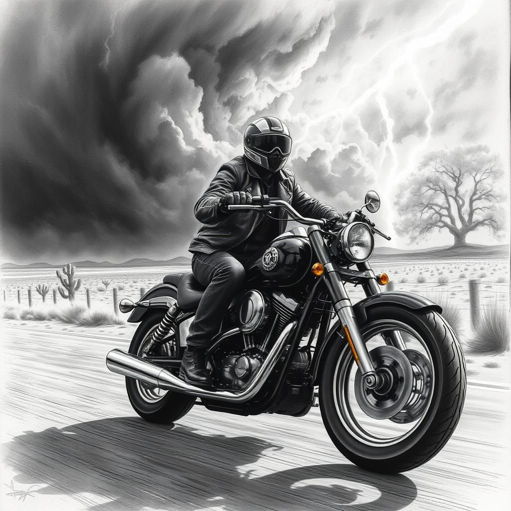 Chrome Chopper Rider in Storm, Charcoal Drawing