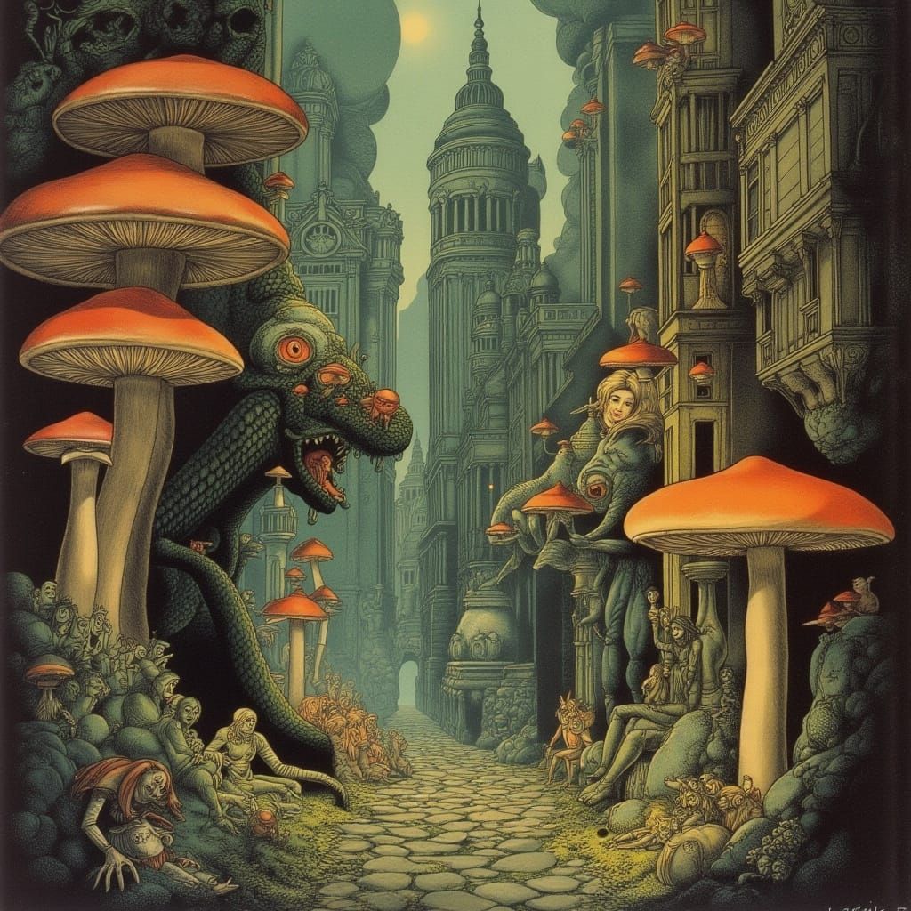 Surreal Cyberpunk Cityscape with Psychedelic Mushroom Forest