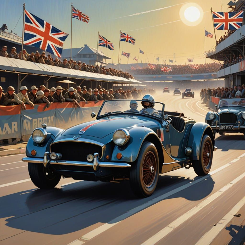 Vintage Racing Car Speeds Down Sun-Kissed Track in Retro Fut...