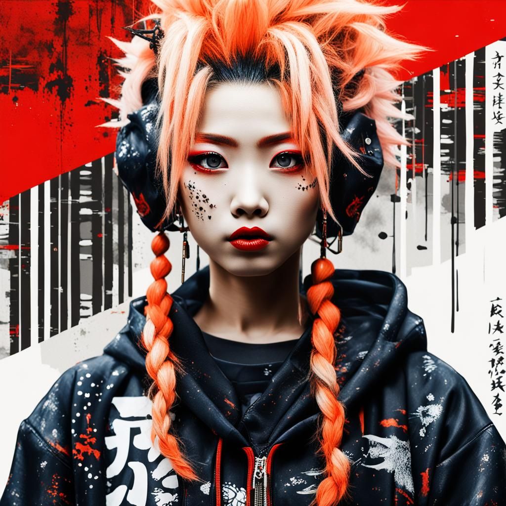 Gyotaku Print of Cyberpunk Gyaru in Hibiya Street