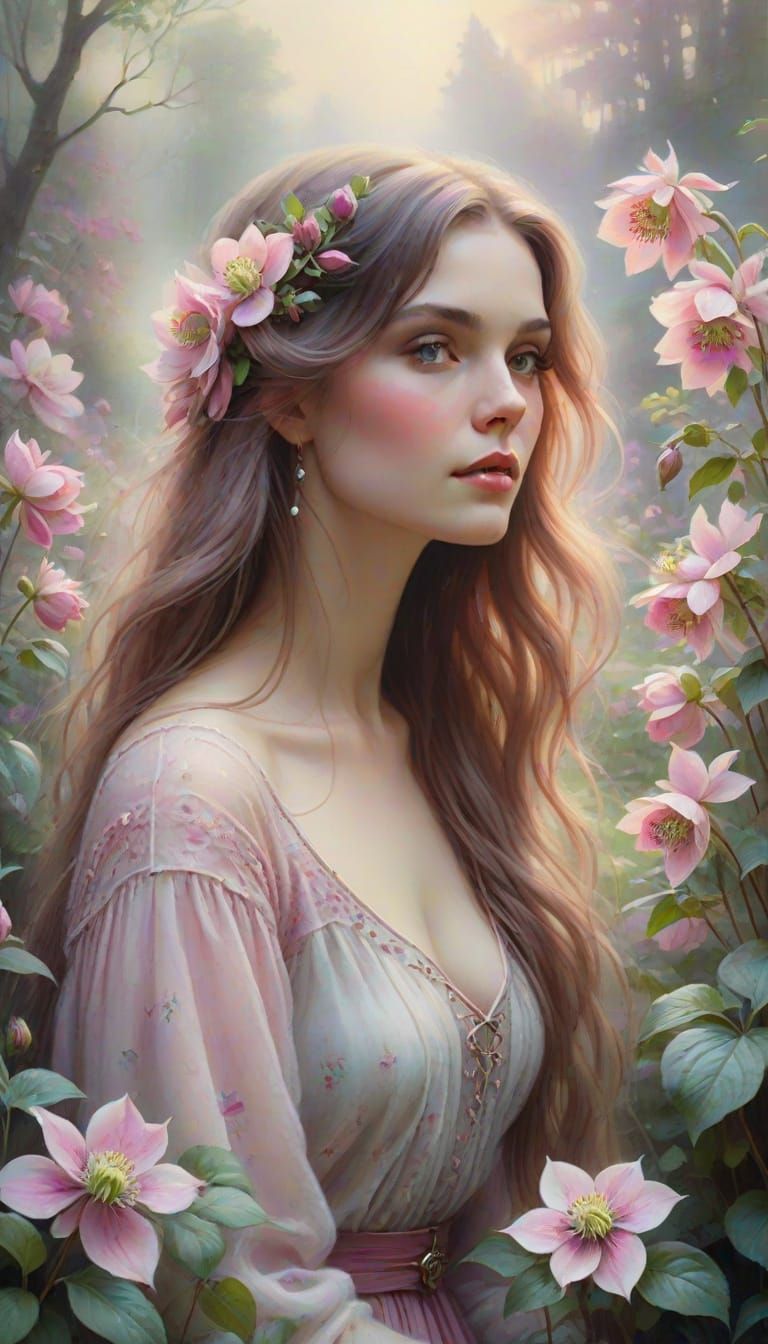Dreamy Watercolor Portrait of Woman in Flower Garden