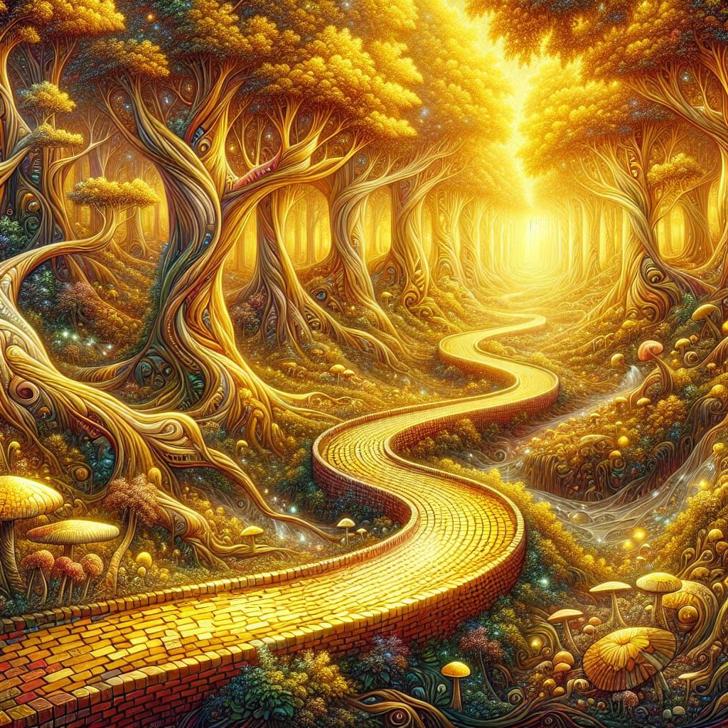 Fairy Tale Brick Road in Golden Woodland, Stained Glass Styl...