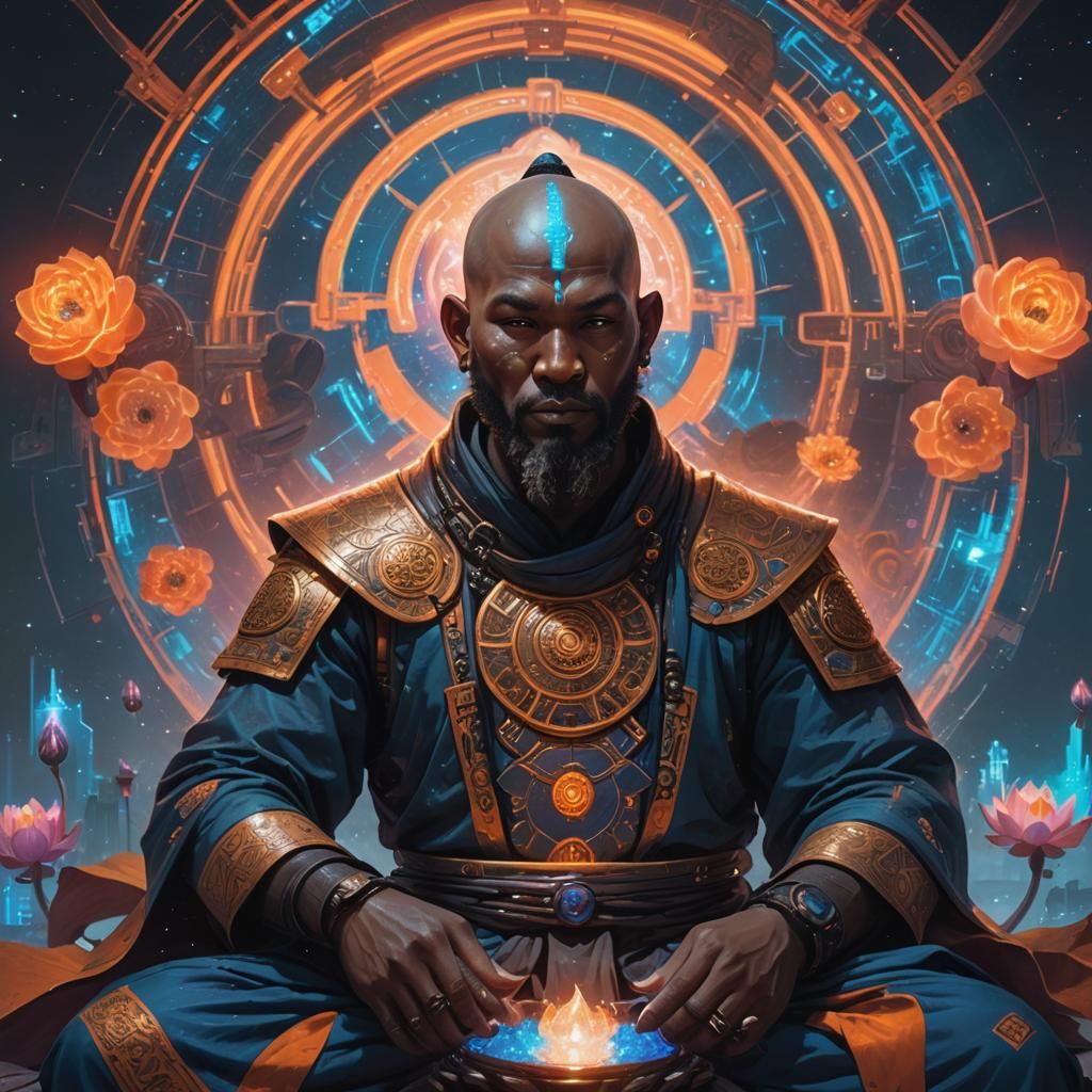 an armored cosmic cyberpunk style middle-aged monk with dark bronze skin, a salt and pepper beard, and a bald head, sitt...