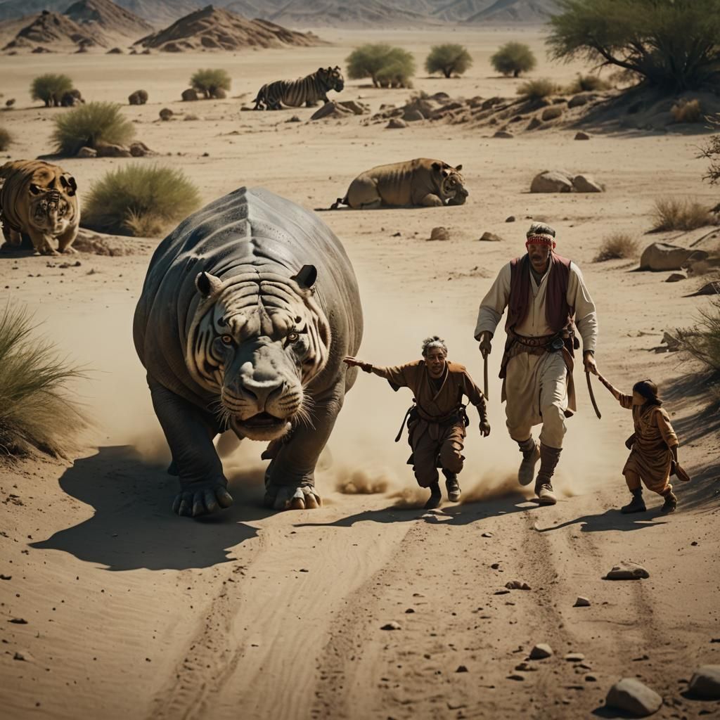 Druids Guide Hippo to Tiger in Desert Landscape