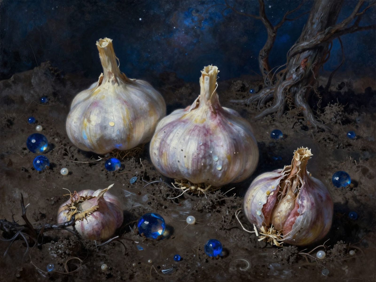 Garlic and Sapphires in Mud: A Hyper-Realistic Oil Painting