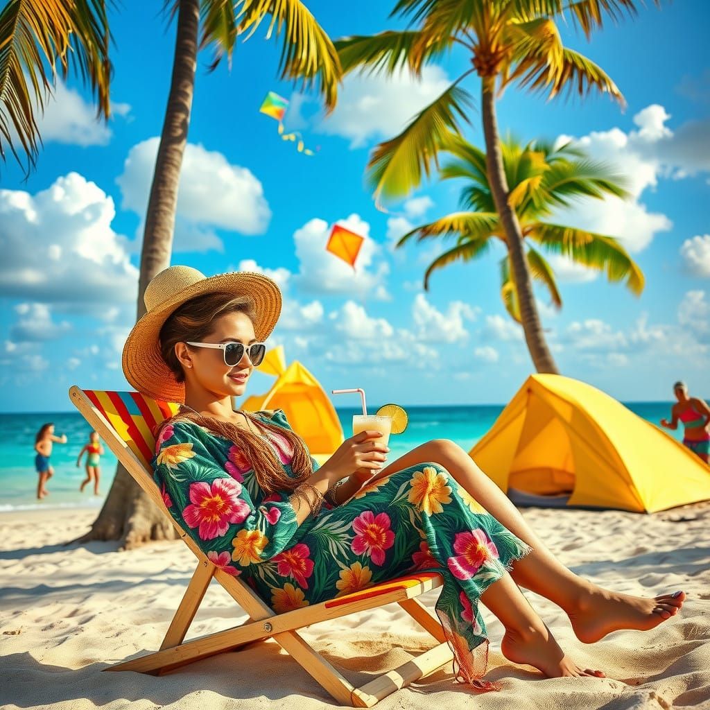 Relaxing Caribbean Beach Scene with Palm Trees and Happy Chi...