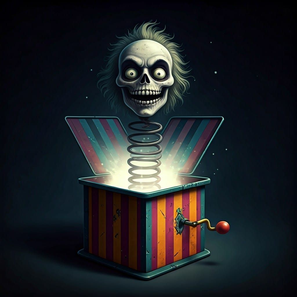 Beetlejuice jack-in-the-box toy springing out with a big cre...