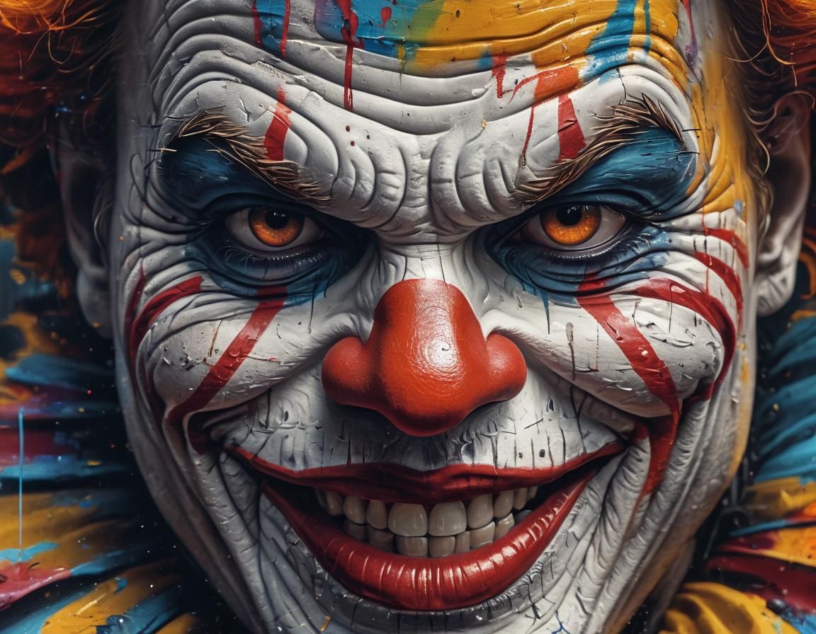 Menacing Clown Portrait in Hyperrealistic Graffiti Art