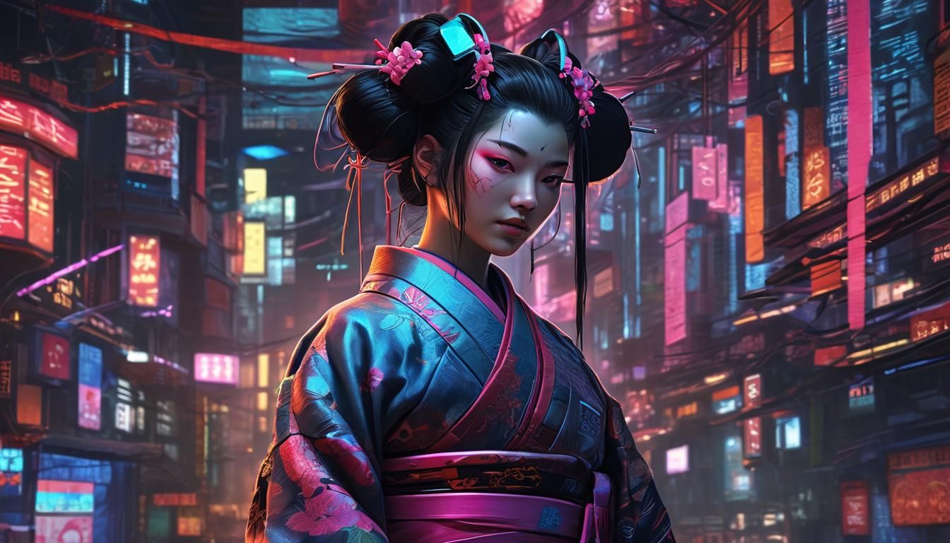 Neon Cyberpunk Geisha in a Futuristic Setting