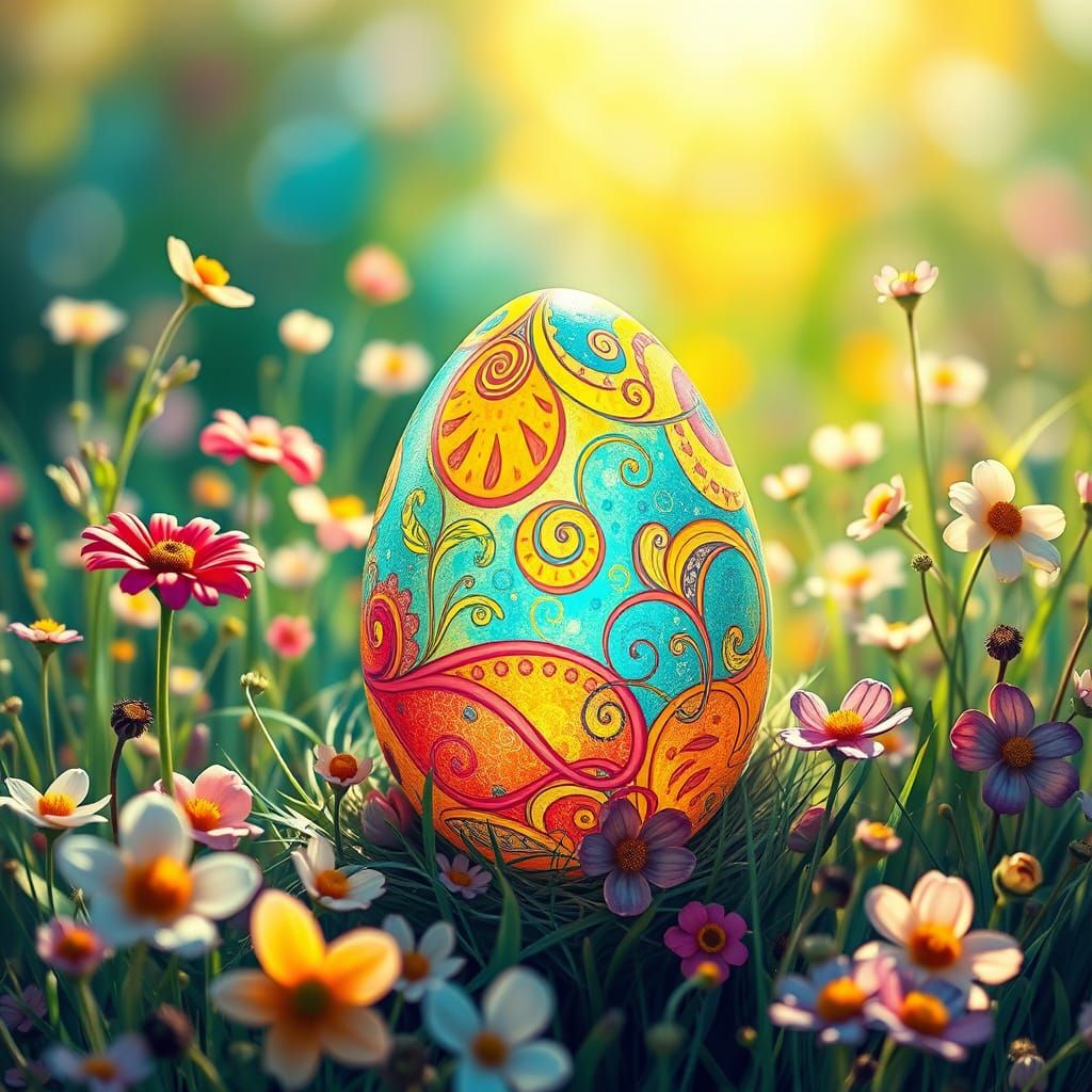 Vibrant Easter Egg Amidst Whimsical Wildflowers