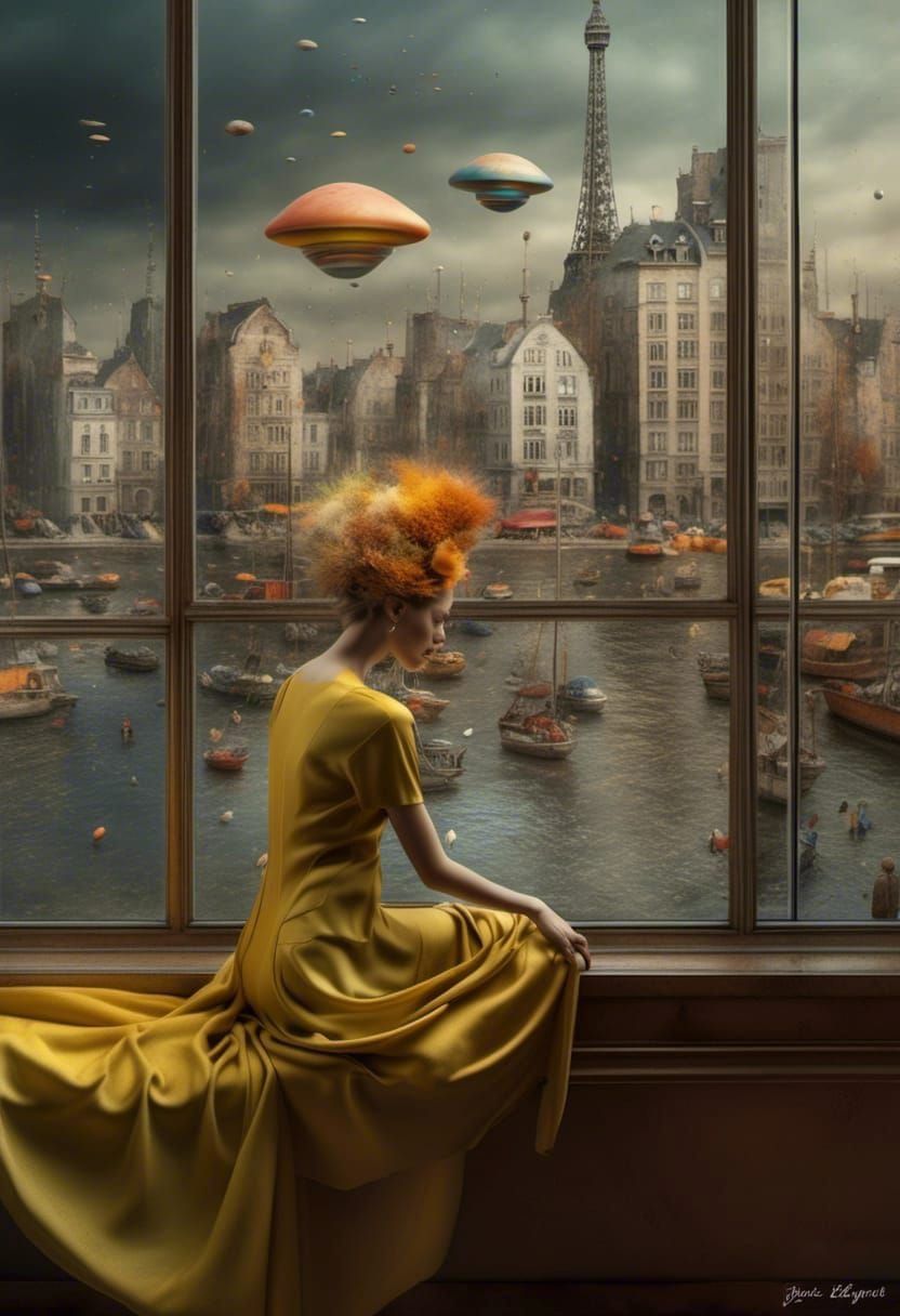 Polychromatic Abstract Cityscape with Alien Pets