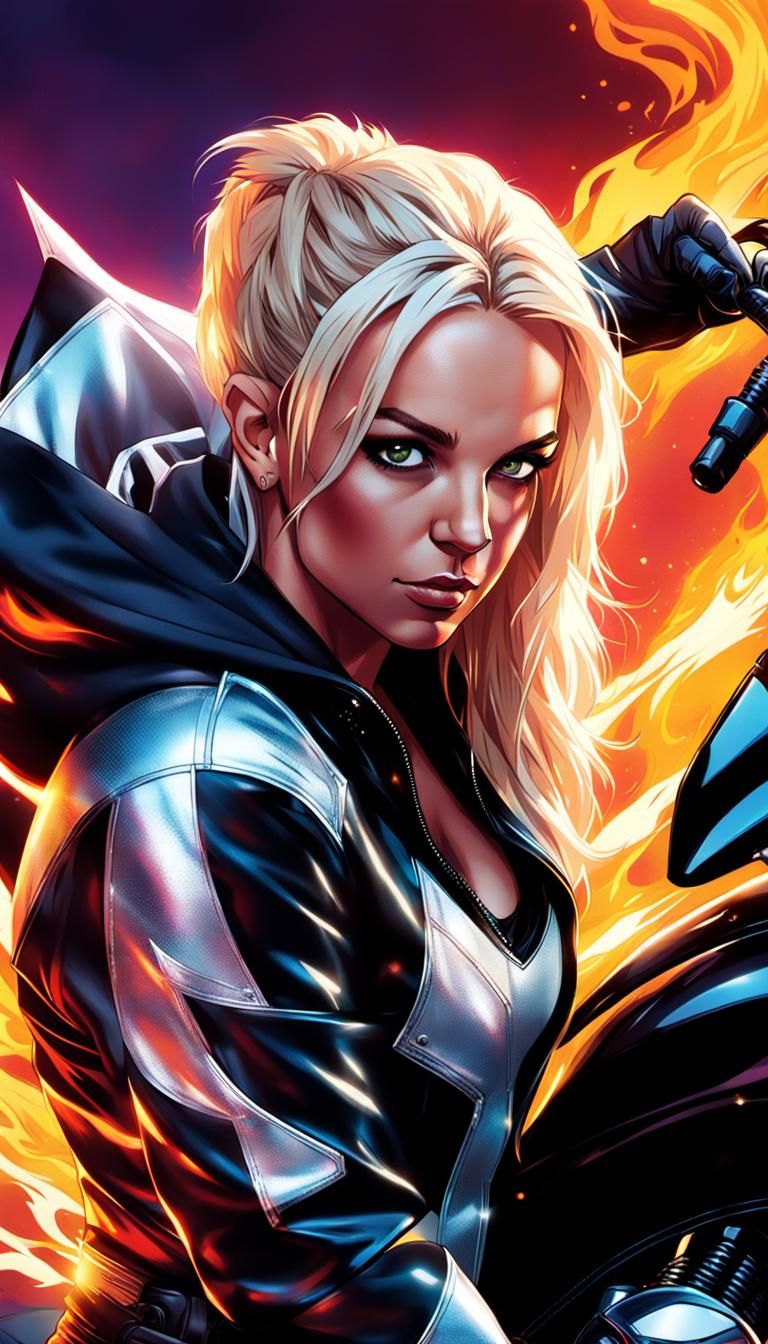 Pop Star as Motorcycle Superheroine in Comic Art Style