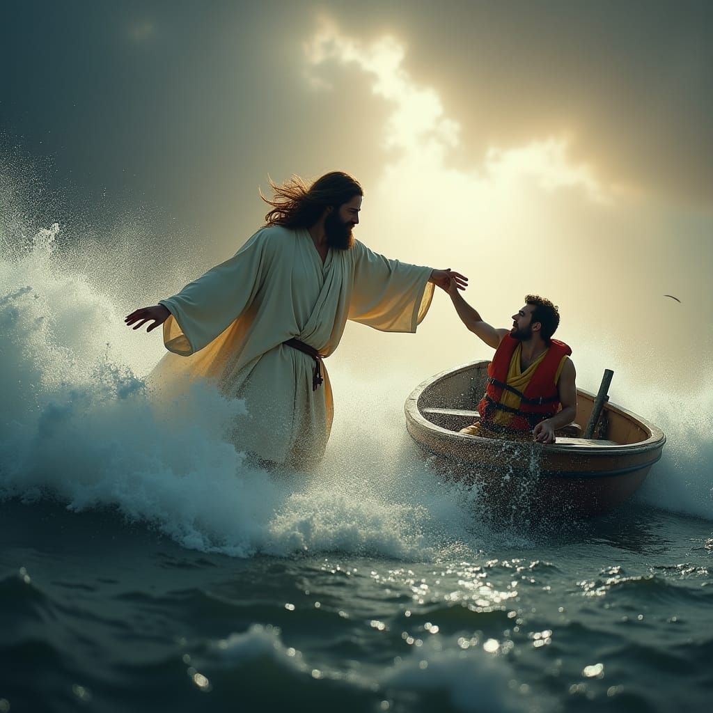 Jesus Rescues Sailor in Stormy Sea: Cinematic Rescue