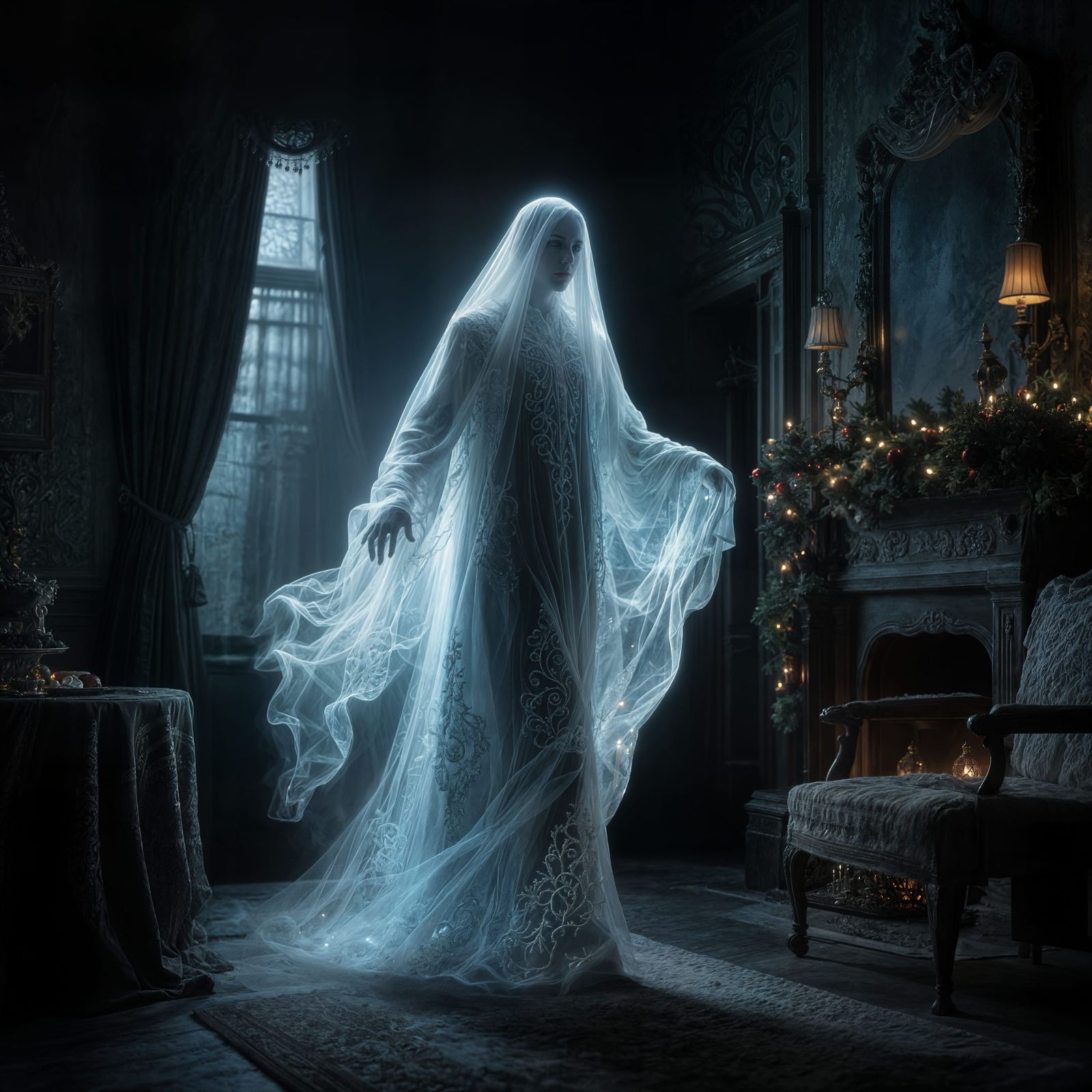 The Ghost of Christmas Past: Hyperrealistic Cinematic Scene