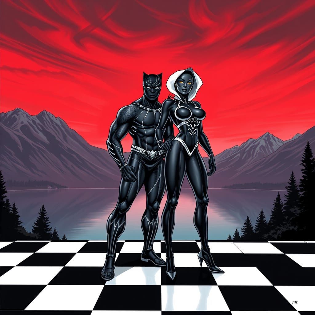 Sleek Superheroes on a Dramatic Chessboard Landscape
