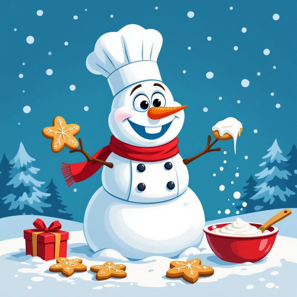 Snowman Chef Baking Christmas Cookies in Pixar Style