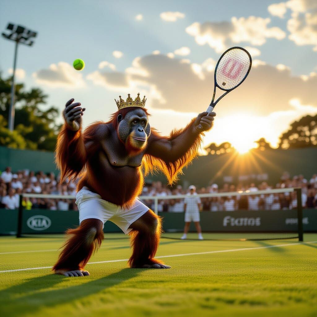 Orangutan Tennis Star Serves at Sunset