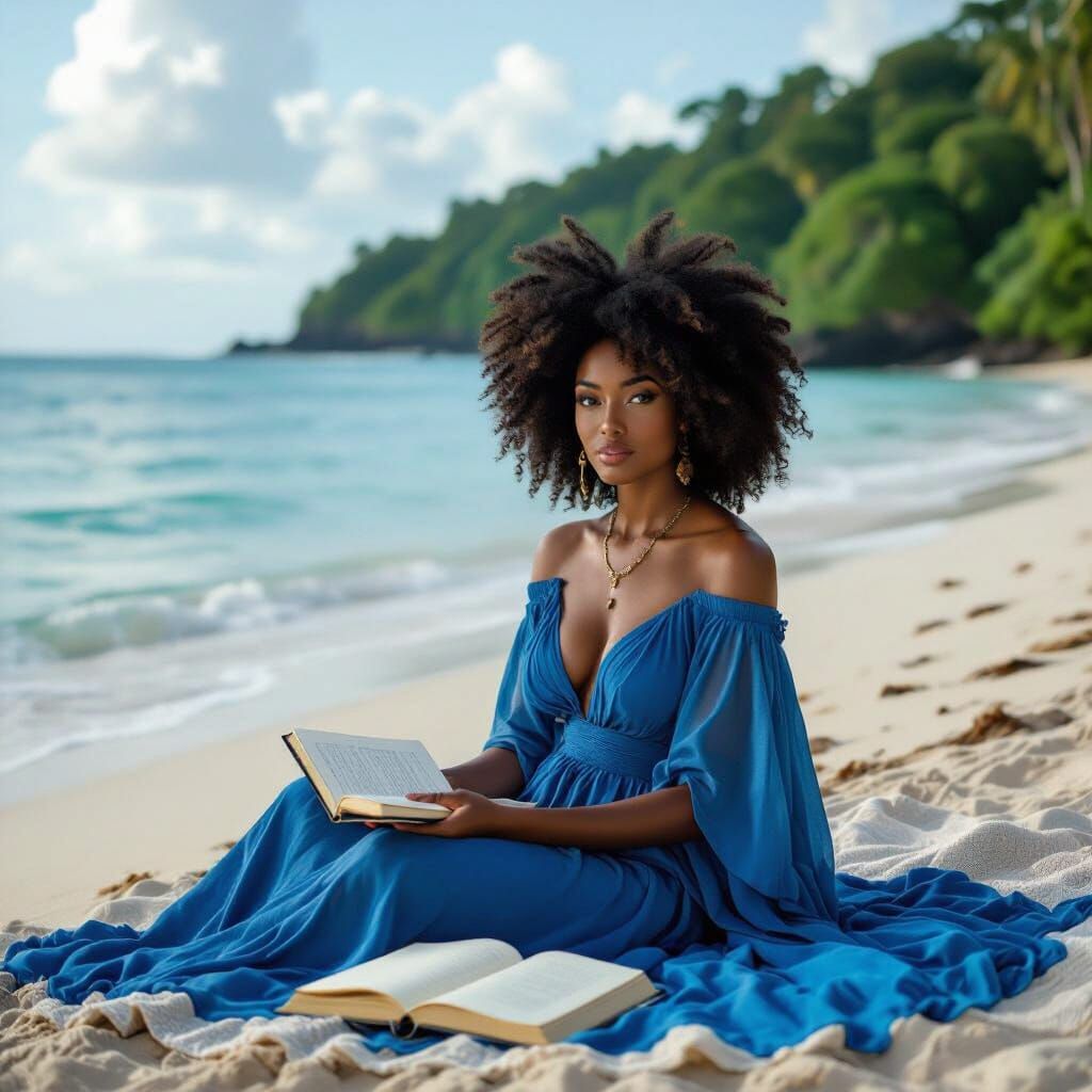 African American Goddess in Blue Dress by Ocean Woods