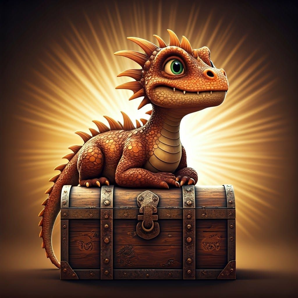 Baby Dragon on Treasure Chest in 3D Animation Style