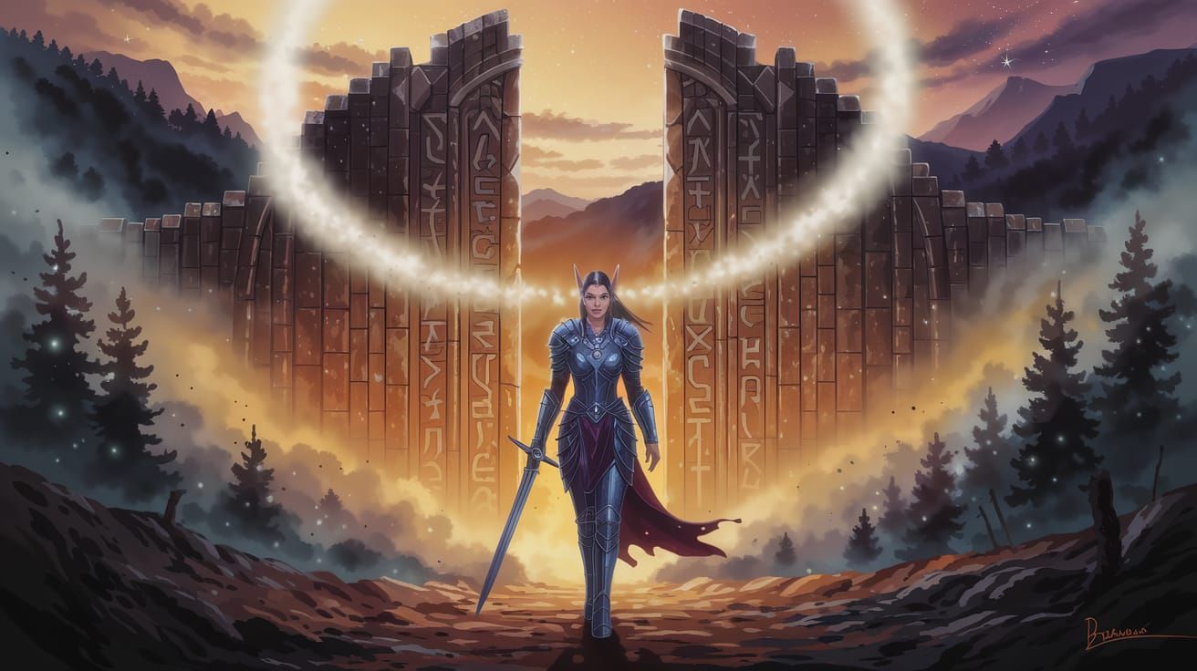 Celestial Guardian Before Ancient Gate in Dark Fantasy Lands...