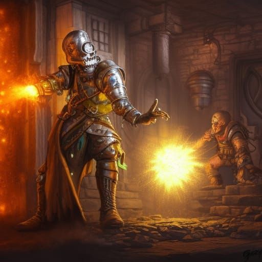 Warforged Artificer in Dungeon with Acid Bombs