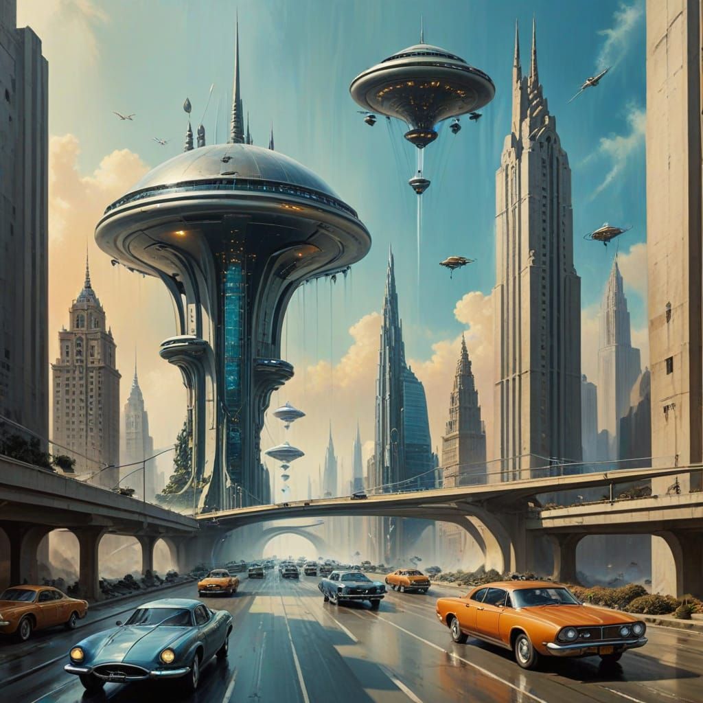 Retro-Future Superhighway with Flying Cars in Surreal Style