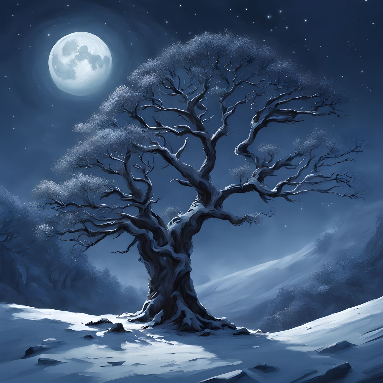 Serene Snowy Hills Under Starry Night Sky