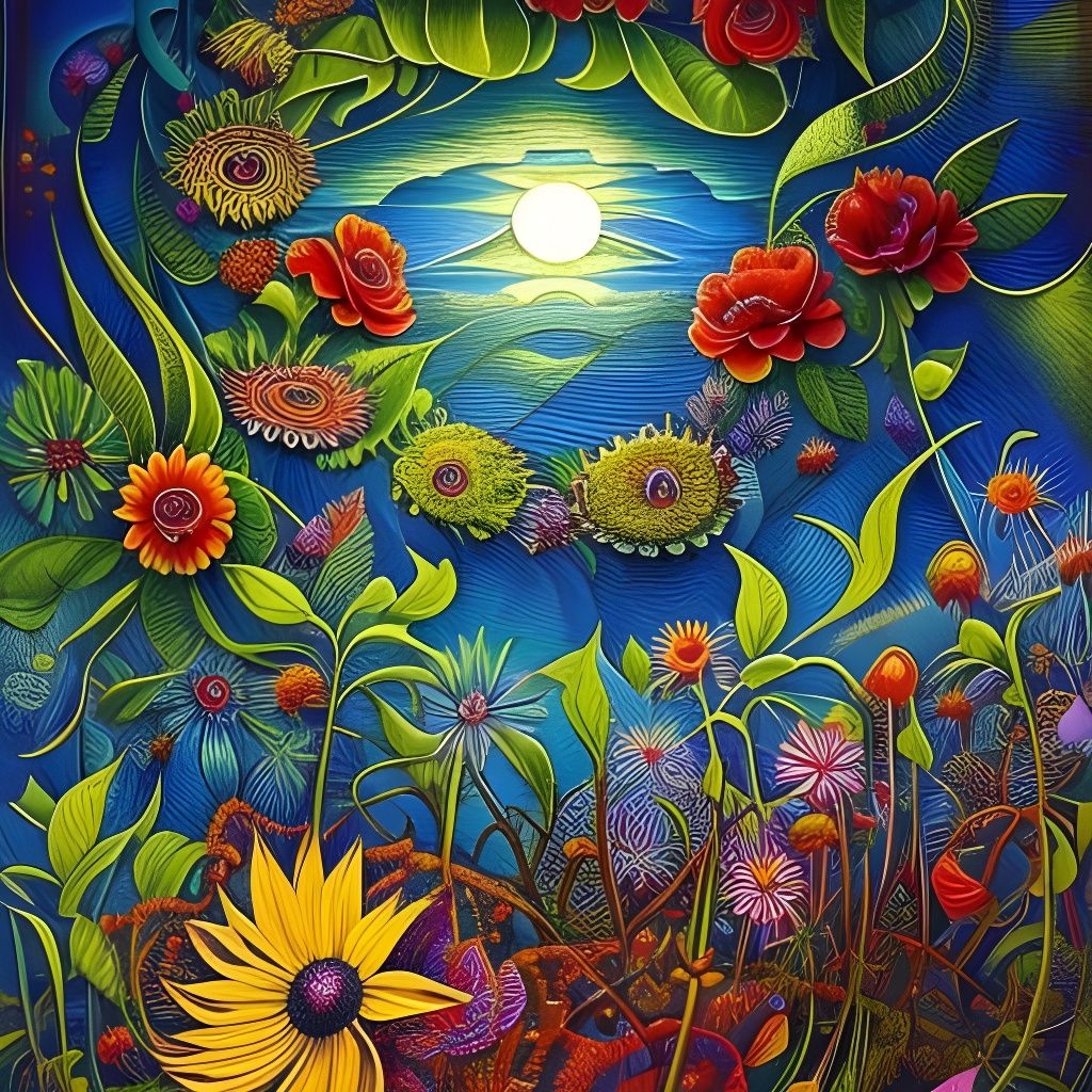 Surreal Garden Painting with Illuminated Eyes