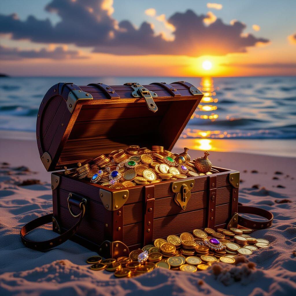 Pirate Treasure Chest on Beach at Sunset