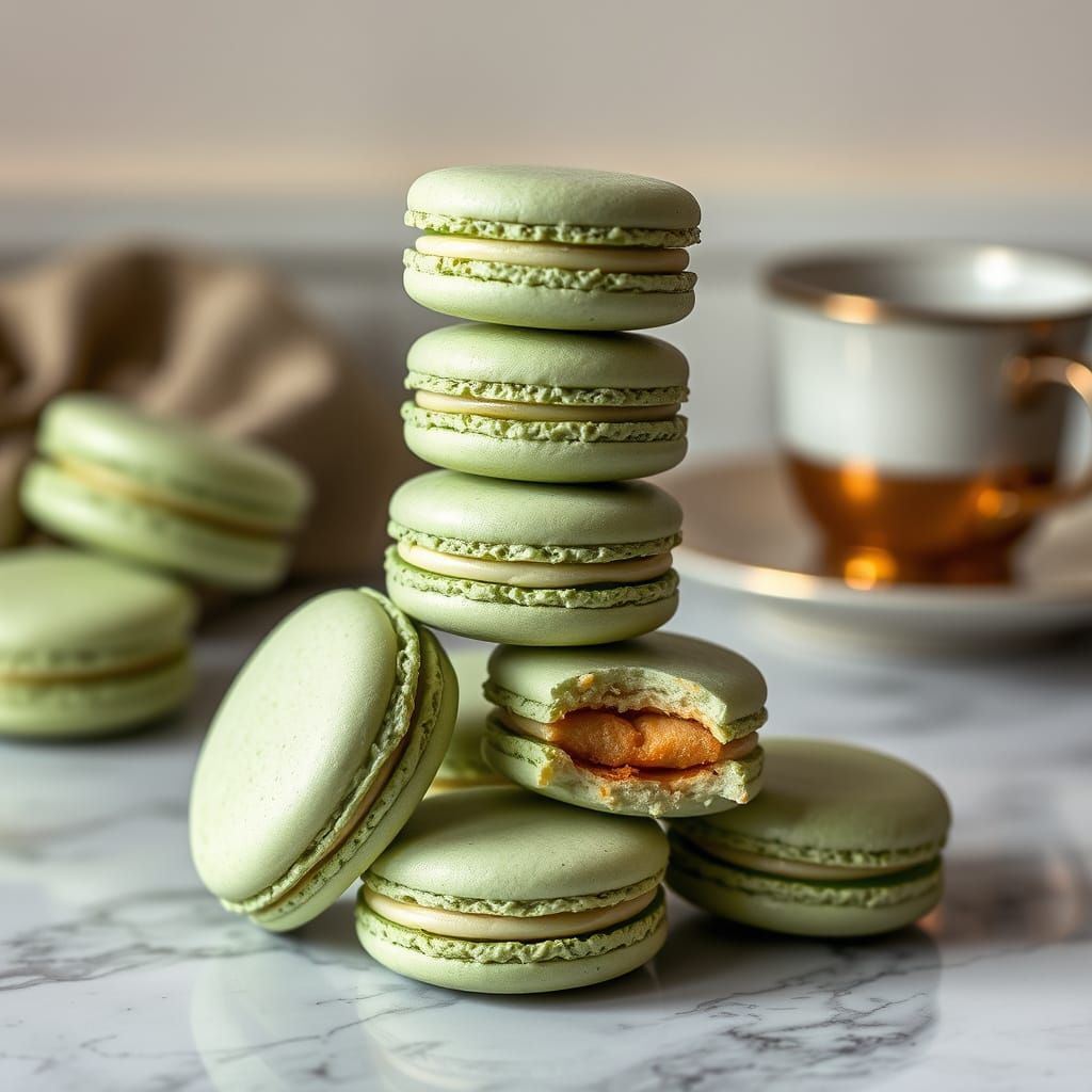 Delicate Tower of Pistachio Macarons in Vintage Elegance