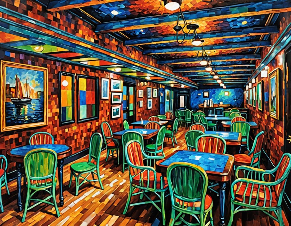 Neo-Expressionist Cafe Interior in Oil and Acrylic