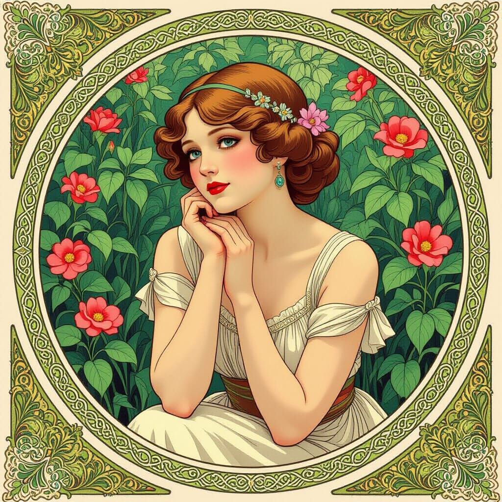 Elegant Woman Surrounded by Flowers in Art Nouveau Style