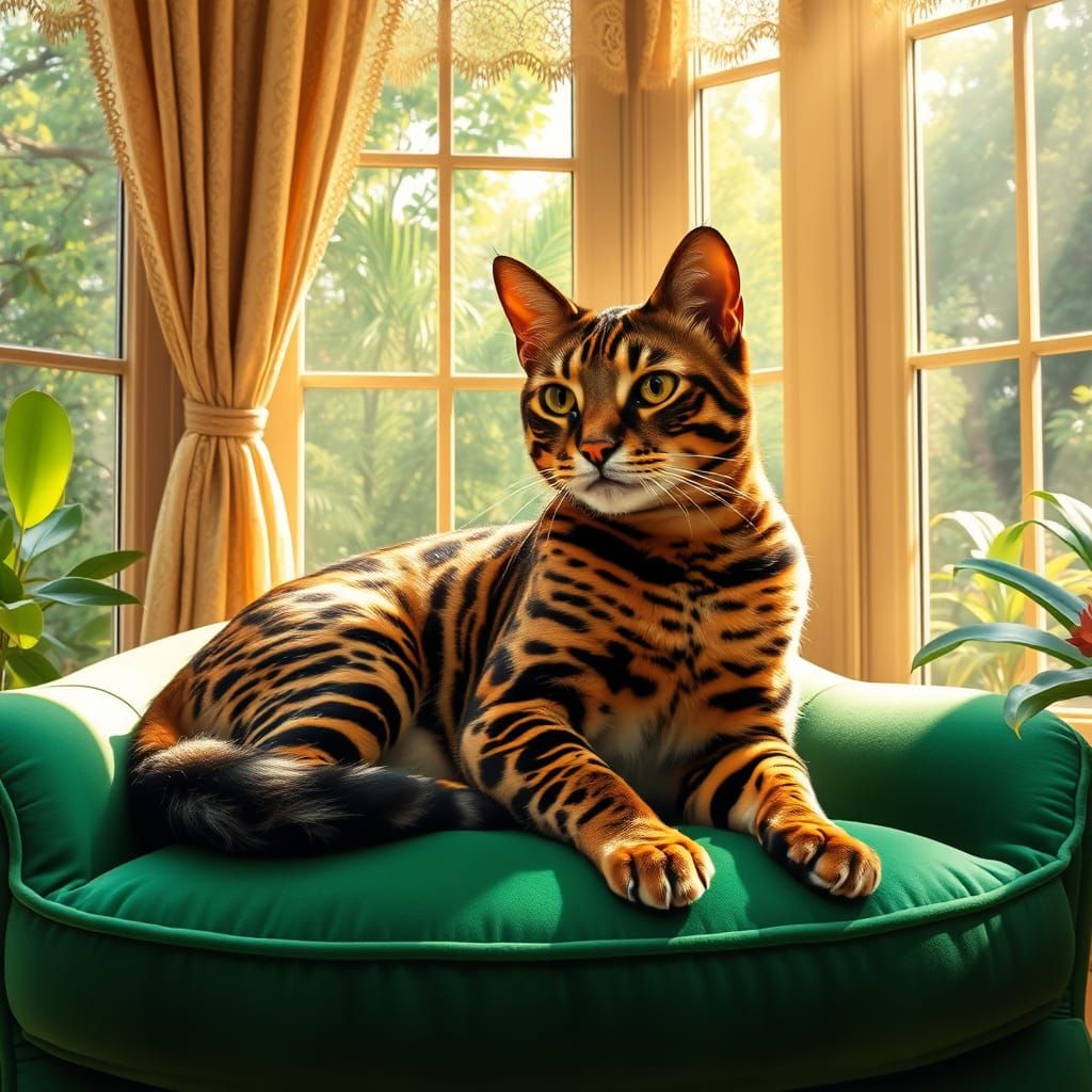 Regal Bengal Cat in a Sunlit Conservatory