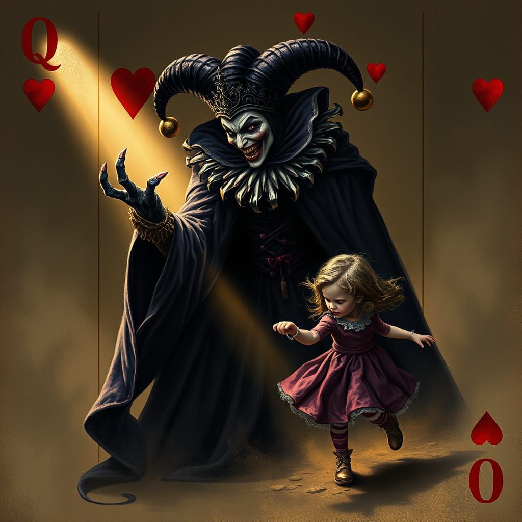 Regal Jester Queen Ensnaring Fleeing Maiden in Dark, Baroque...