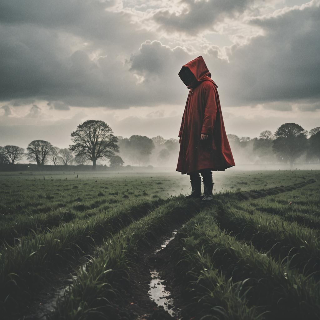 Surreal Field of Red Wellies with Monk
