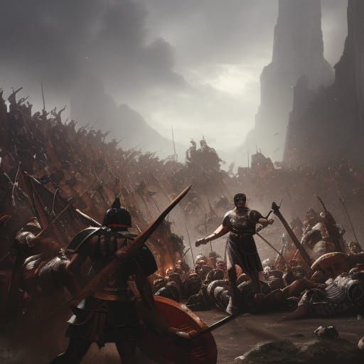 Epic Battle: Roman Legions vs Barbarians in Dark Fantasy Sty...