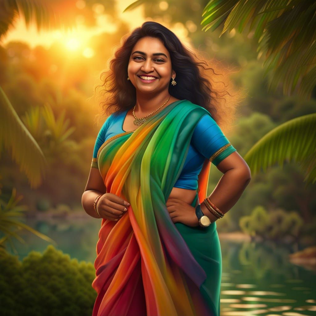 Joyful Indian Woman in Jungle at Sunset