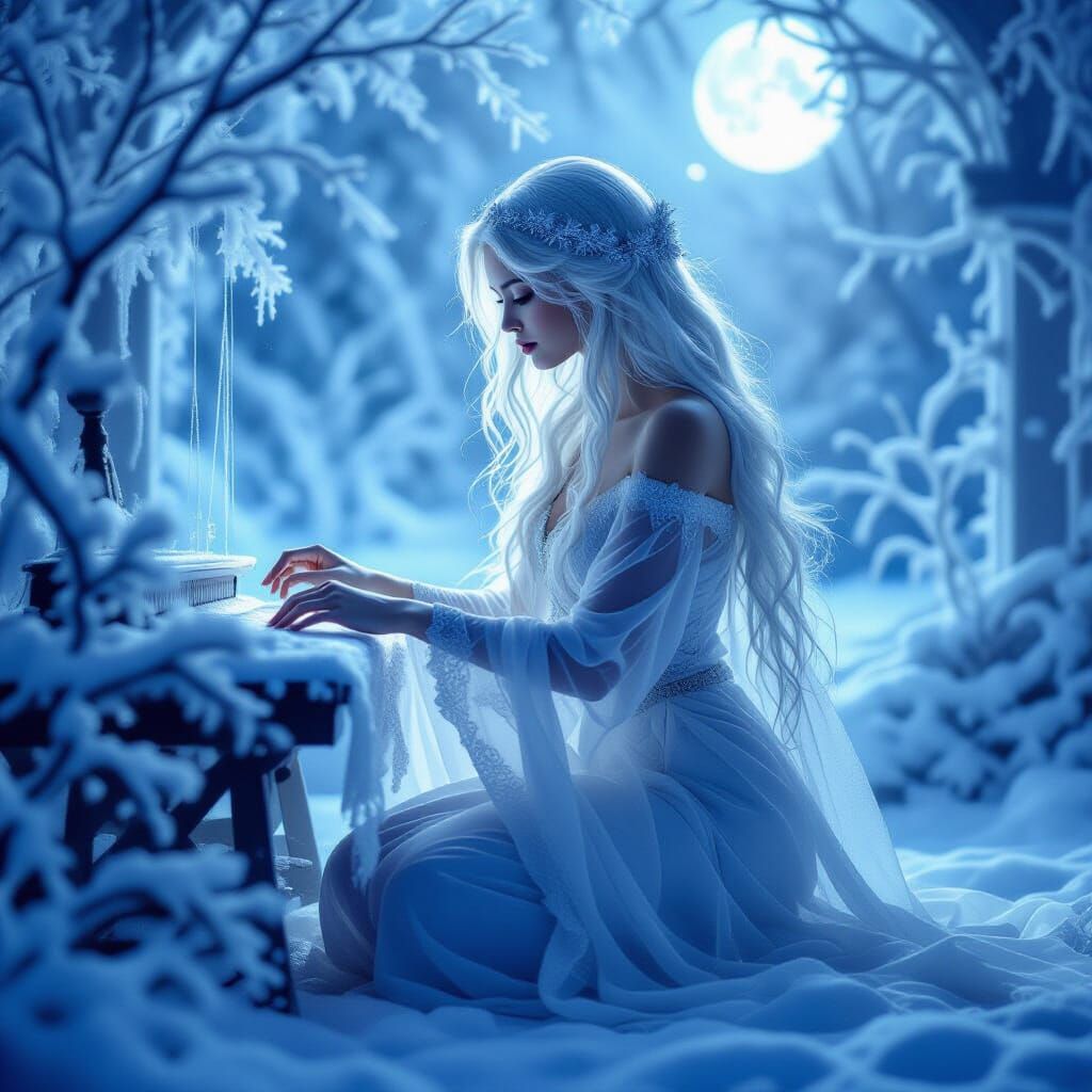 Ethereal Weaver Figure in Winter Landscape Double Exposure