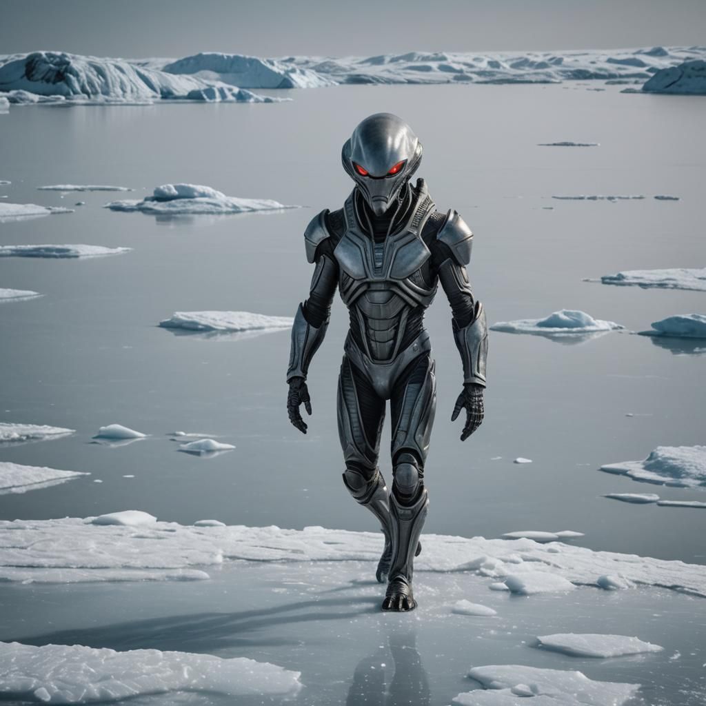 Alien Emerges from Spaceship onto Ice Floe