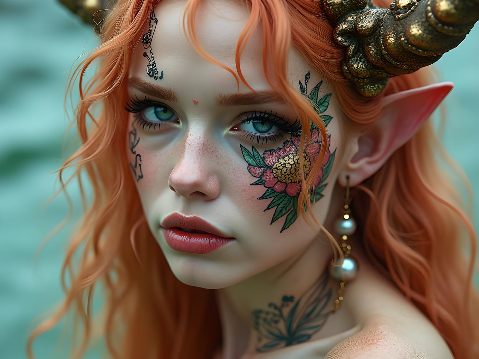 Bathing Valkyrie with Neon Tattoo in Alcohol Ink Style