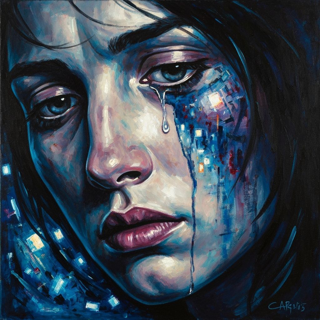 Melancholic Face with Abstract Cityscape Reflection